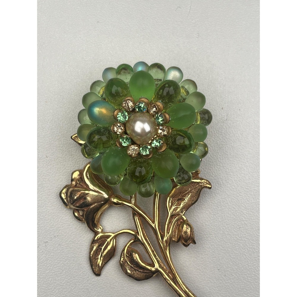 Miriam Haskell Brooch Gripoix Moonstone Flower Gilted Gold Glass Vintage Brooch
